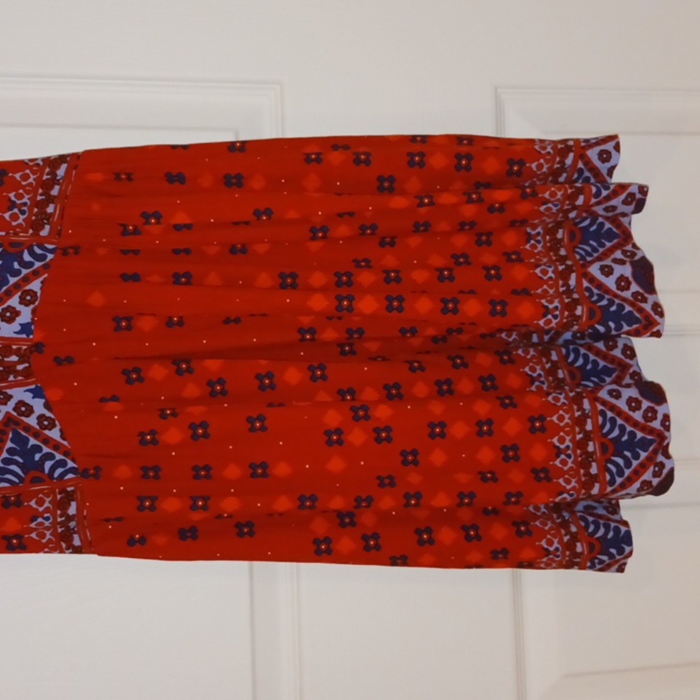 Free People "Scarlet" bohemian tunic blouse v neck button - L - orange/navy - Picture 5 of 12